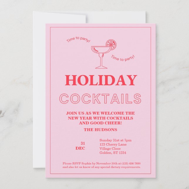 Cartes Pour Fêtes Annuelles Cocktail du Nouvel An rose moderne (Devant)