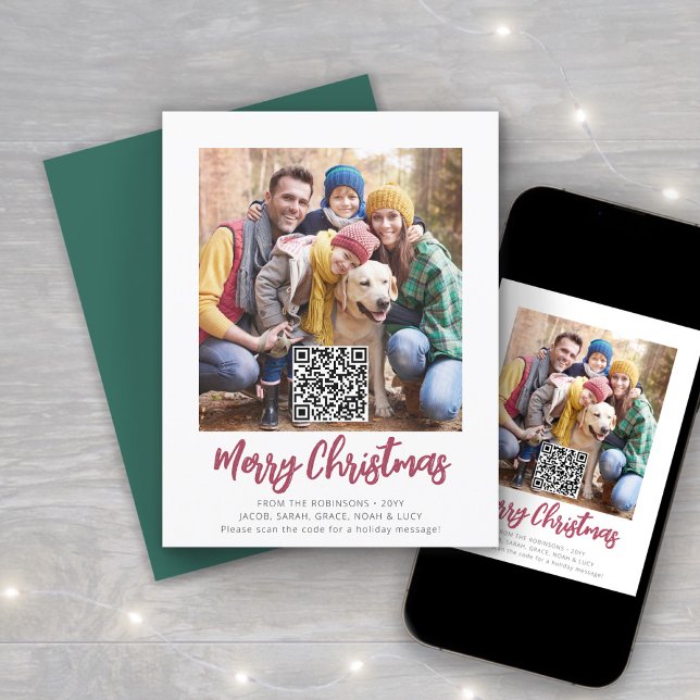 Cartes Pour Fêtes Annuelles Code QR Rouge Brossé Script Joyeux Noël Photo (Créateur téléchargé)
