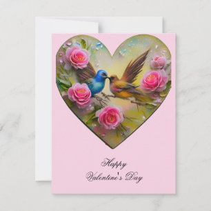 Cartes Pour Fêtes Annuelles Coeur avec fleurs roses et oiseaux Valentine