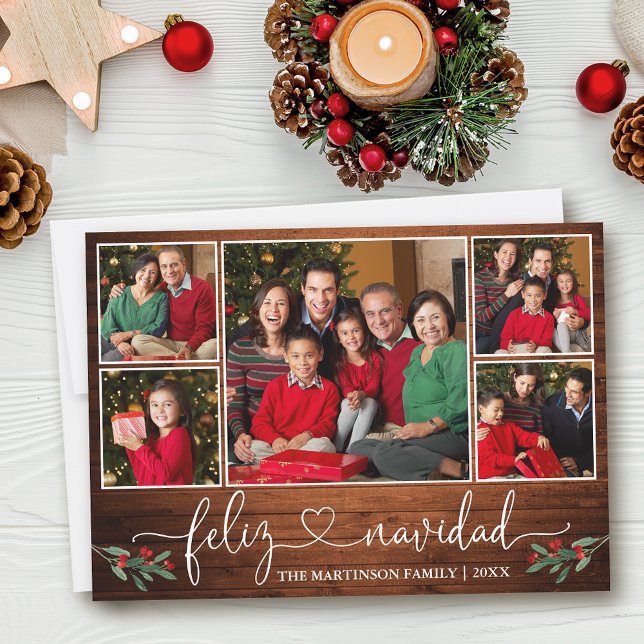 Cartes Pour Fêtes Annuelles Coeur de calligraphie Holly Wood Feliz Navidad (Customize to add text to back of card.)