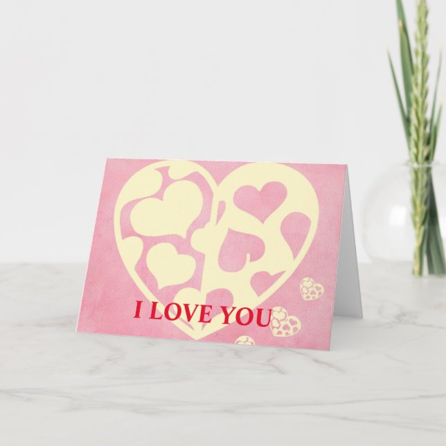 Cartes Pour Fêtes Annuelles Coeur jaune avec Arrière - plan rose Je t'aime (Devant)