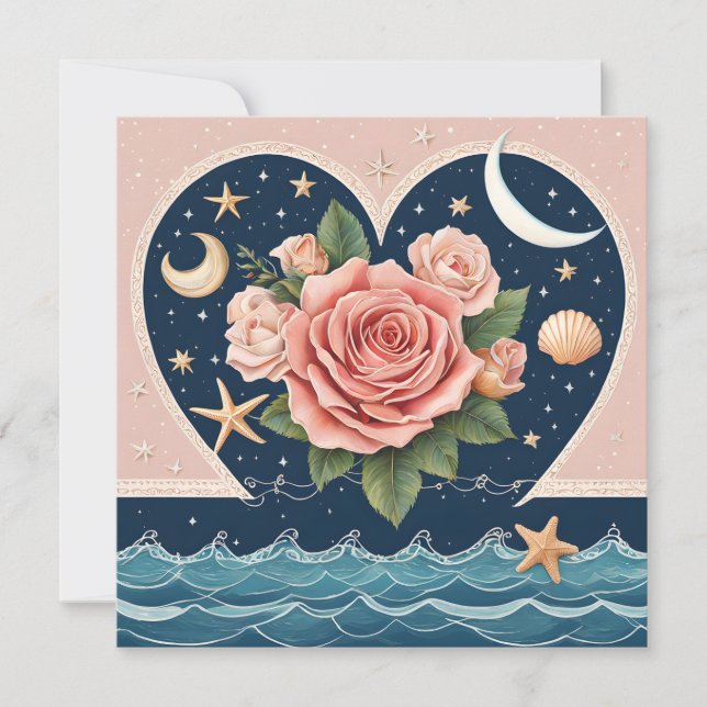 Cartes Pour Fêtes Annuelles Coeur Rose Lunes Coquillages Mer Magique Saint-Val (Devant)