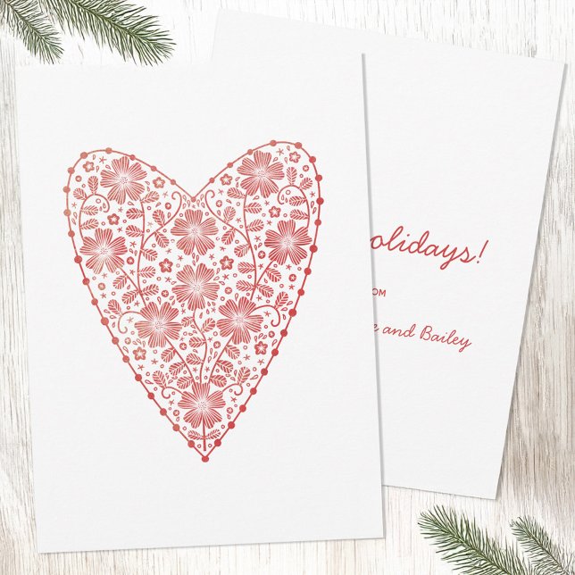 Cartes Pour Fêtes Annuelles Coeur Scandinave Rouge Blanc Vacances d'hiver (Scandinavian folk art heart red and white holiday card)