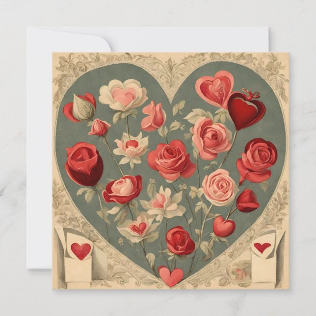 Cartes Pour Fêtes Annuelles Cœur vintage de la Saint-Valentin avec des roses  (Devant)
