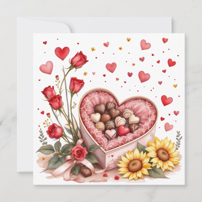 Cartes Pour Fêtes Annuelles Cœurs, roses et chocolats de la Saint-Valentin  (Devant)