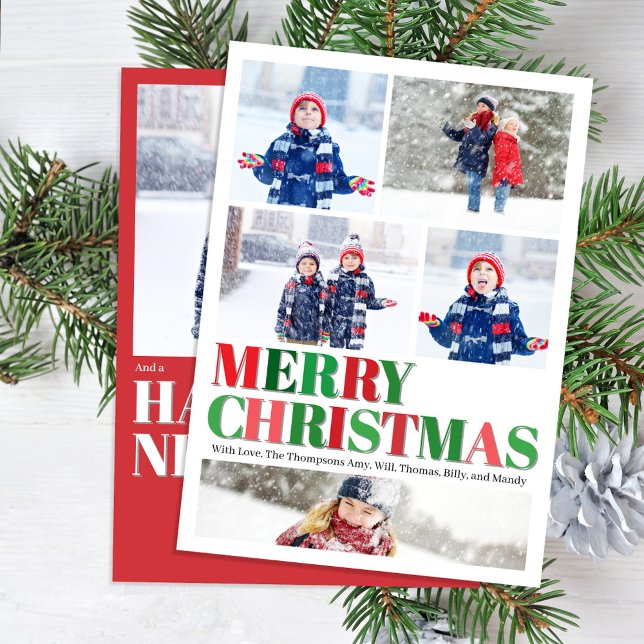 Cartes Pour Fêtes Annuelles Collage de photos de Noël rouge et vert (Merry Christmas red and green multi photo card.)