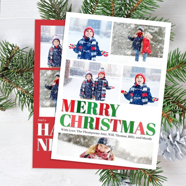 Cartes Pour Fêtes Annuelles Collage de photos de Noël rouge et vert (Merry Christmas Photo Collage Holiday Photo Card.)
