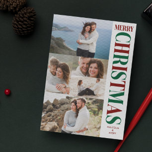 Cartes Pour Fêtes Annuelles Collage de photos élégant Rouge & Vert Joyeux Noël