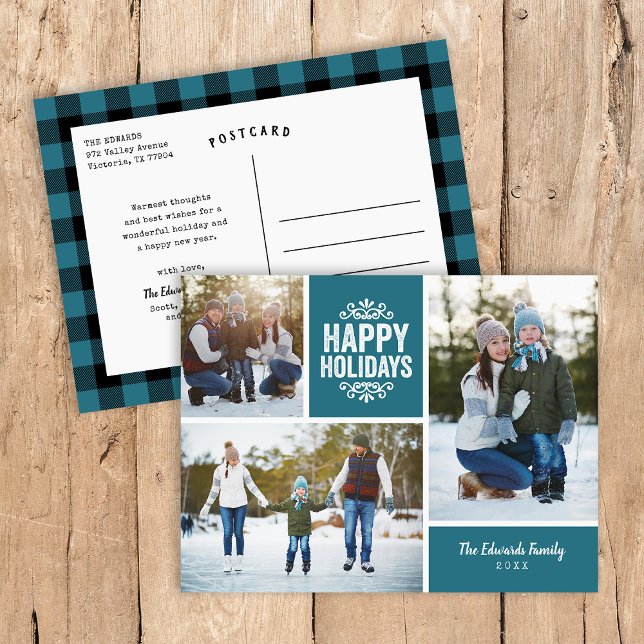 Cartes Pour Fêtes Annuelles Collage photo de 3 avec Rustic Blue Joyeuses Fêtes (Créateur téléchargé)