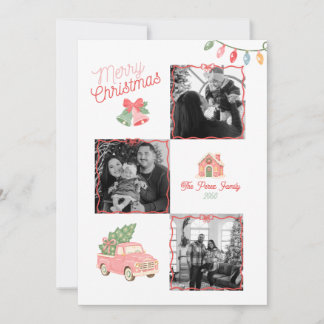 Cartes Pour Fêtes Annuelles Collage photo de famille de Noël Rose Rouge Rétro