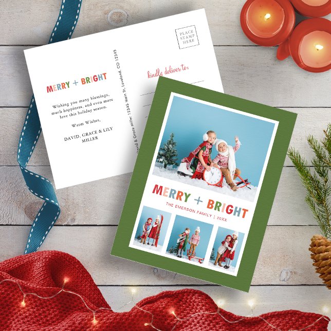 Cartes Pour Fêtes Annuelles Collage photo de Noël Vert Joyeux et Lumineux (Christmas Photo Collage Green Merry and Bright Holiday Postcard
)