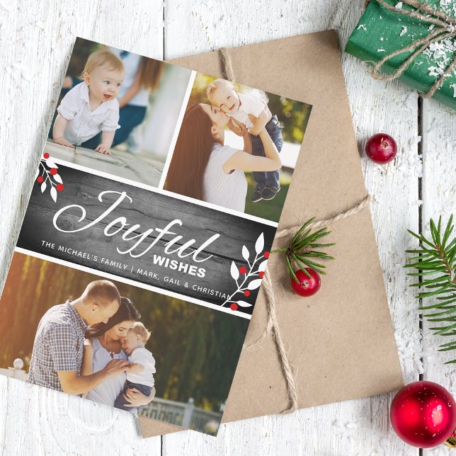 Cartes Pour Fêtes Annuelles Collage photo de voeux rustiques joyeux (Rustic Joyful Wishes Photo Collage Holiday Card)