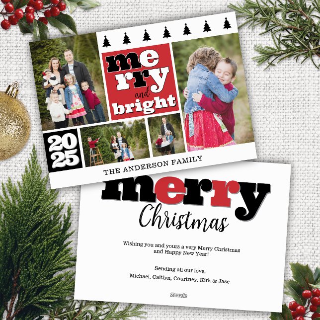 Cartes Pour Fêtes Annuelles Collage photo noir et rouge Joyeux et lumineux (red black and white merry and bright christmas card with 4 photo collage family name year message)
