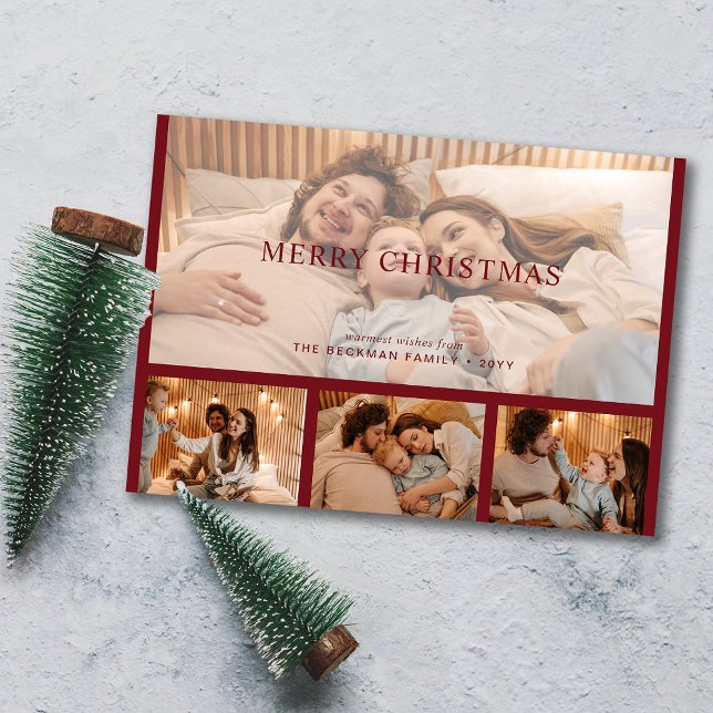 Cartes Pour Fêtes Annuelles Collage photo personnalisé minimal moderne rouge (Red Modern Minimal Custom Photo Collage Holiday Card)