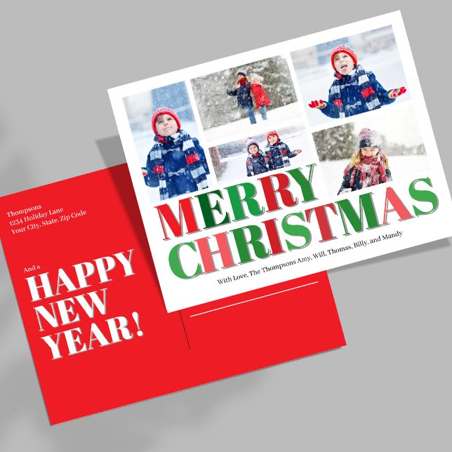 Cartes Pour Fêtes Annuelles Collage photo rouge et vert Joyeux Noël (Merry Christmas Photo Collage Postcard Template.)