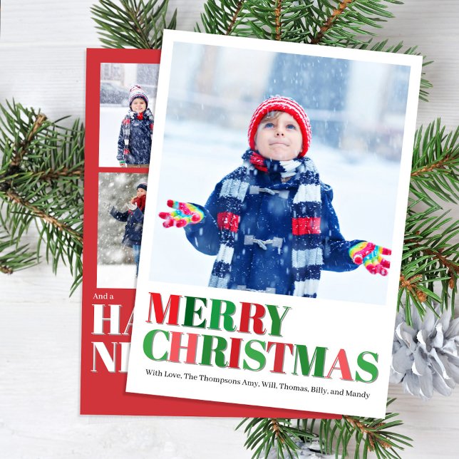 Cartes Pour Fêtes Annuelles Collage photo rouge et vert Joyeux Noël (Merry Christmas Holiday photo card with red and green lettering.)