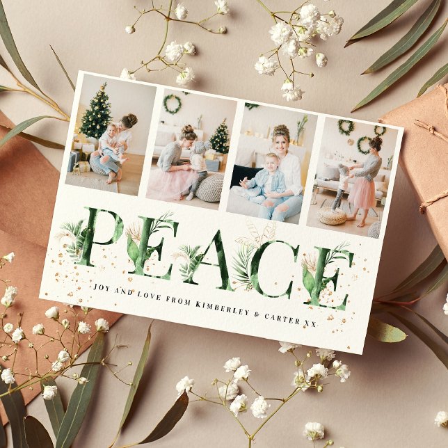 Cartes Pour Fêtes Annuelles Collage photo Tropical Foliage & Gold PEACE Xmas (Créateur téléchargé)