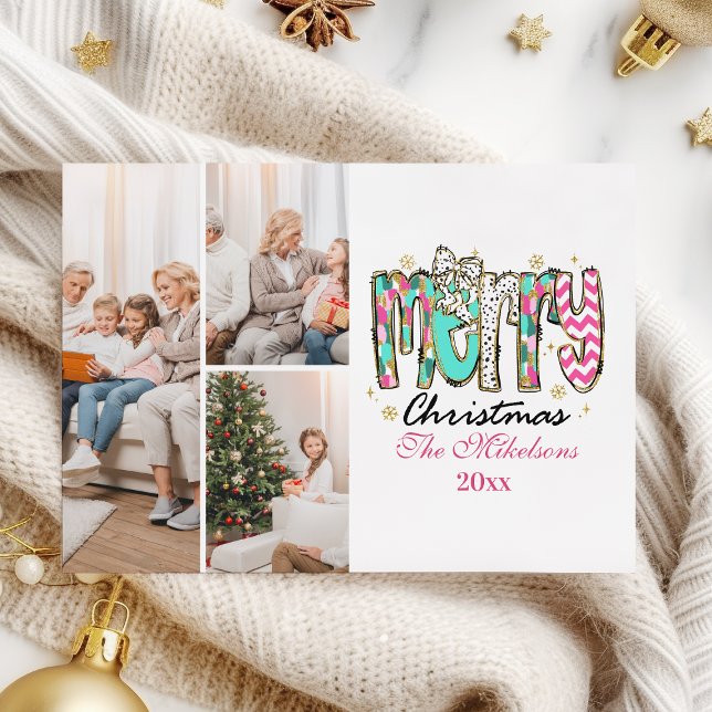 Cartes Pour Fêtes Annuelles Coloré Retro 3 Photo Joyeux Noël (Créateur téléchargé)