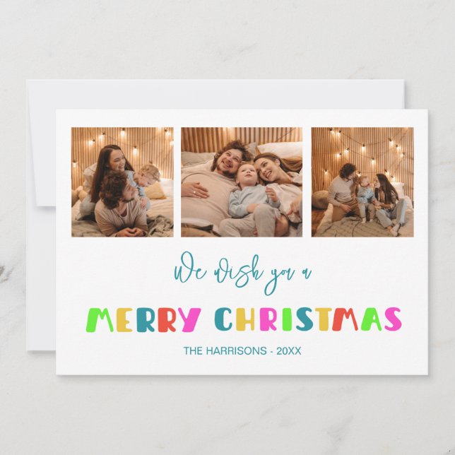 Cartes Pour Fêtes Annuelles Colorful Bold Joyeux Noël Trois photos (Devant)