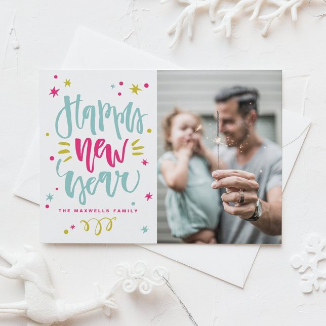 Cartes Pour Fêtes Annuelles Colorful Rustic Calligraphy Photo Bonne année (Colorful Rustic Calligraphy Photo Happy New Year Holiday Card)
