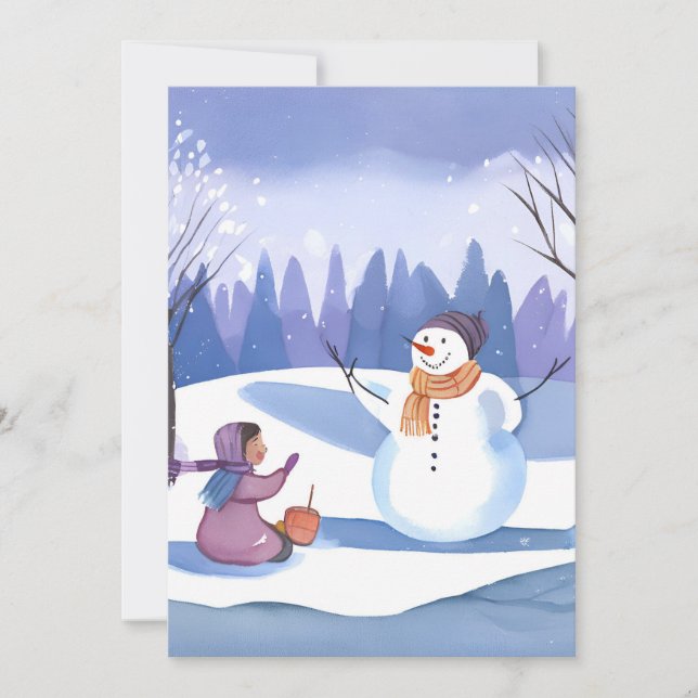 Cartes Pour Fêtes Annuelles Construisons un Bonhomme de Neige | Peinture d'Hiv (Devant)
