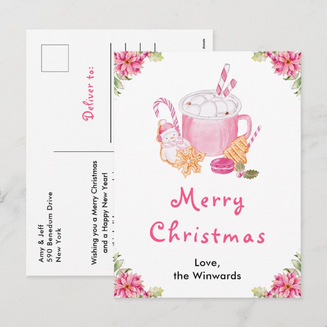 Cartes Pour Fêtes Annuelles Cookies de vacances et cacao rose joyeux Noël (Devant / Derrière)