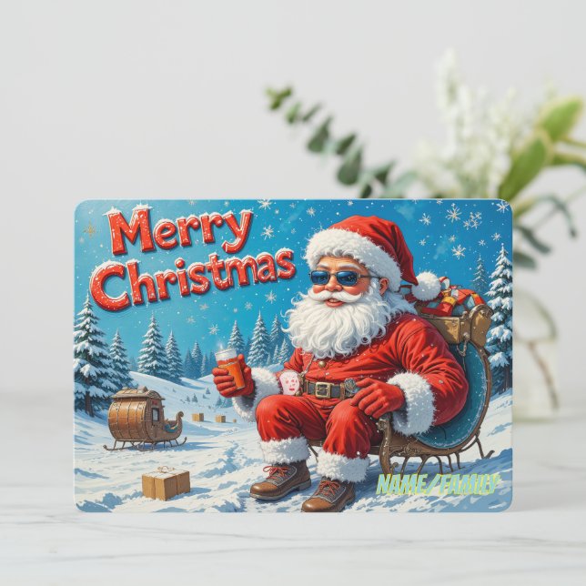 Cartes Pour Fêtes Annuelles Cool Modern Santa in Snowy Forest  (Debout devant)