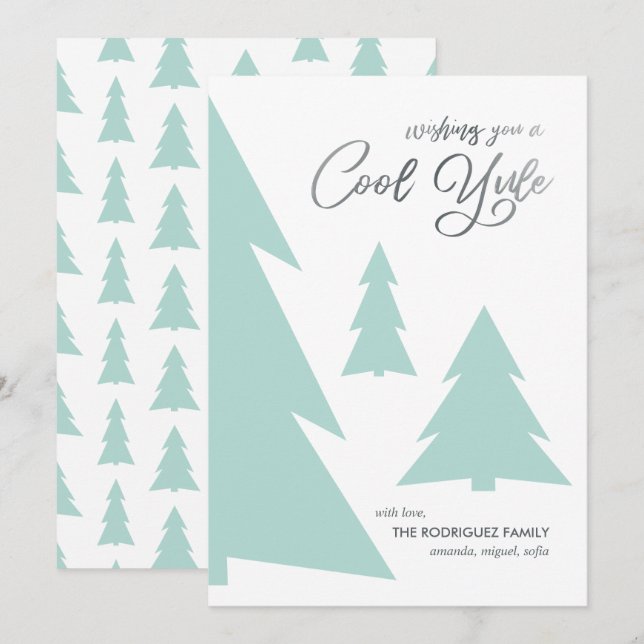 Cartes Pour Fêtes Annuelles Cool moderne Yule Script Light Green Trees (Devant / Derrière)