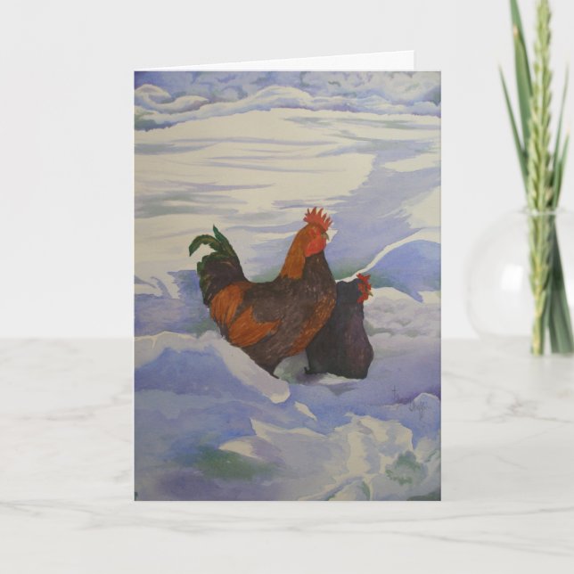 Cartes Pour Fêtes Annuelles Coq et Hen dans la neige (Devant)