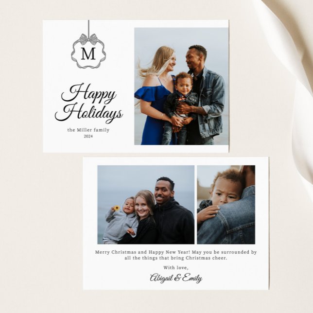 Cartes Pour Fêtes Annuelles Coquette Bow Monogramme Photo initiale Noël (Créateur téléchargé)