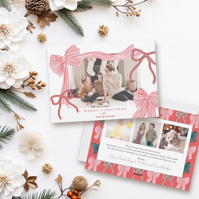 Cartes Pour Fêtes Annuelles Coquette-Core Red & Rose Bows 4 Photos Noël (Créateur téléchargé)