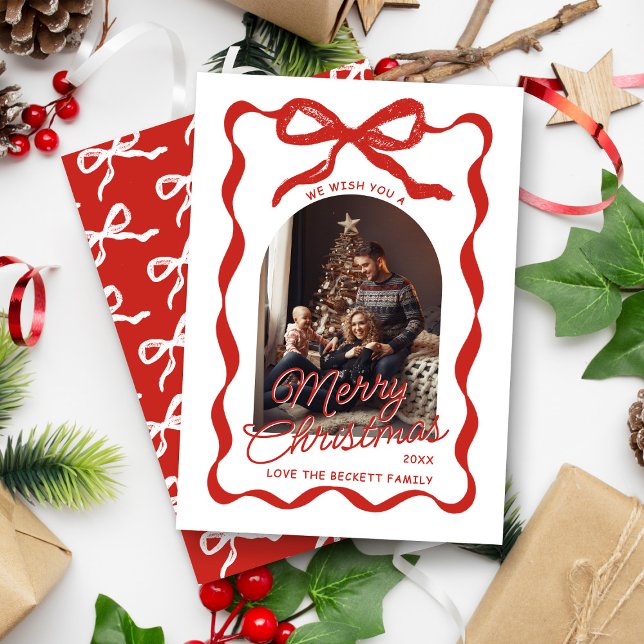 Cartes Pour Fêtes Annuelles Coquette Curvy Ribbon & Bow Retro Christmas Photo (Créateur téléchargé)