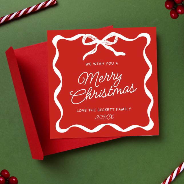 Cartes Pour Fêtes Annuelles Coquette Curvy Ribbon & Bow Retro Merry Christmas (Créateur téléchargé)