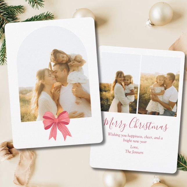 Cartes Pour Fêtes Annuelles Coquette Red Bow Arch Preppy 3 Photo Noël (Coquette Red Bow Arched Christmas Card)