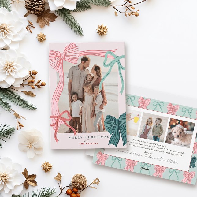 Cartes Pour Fêtes Annuelles Coquette Red & Green Bows 4 Photos Pink Christmas (Créateur téléchargé)