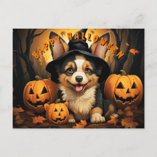 Cartes Pour Fêtes Annuelles Corgi D'Halloween Cute En Forêt Avec Citrouilles