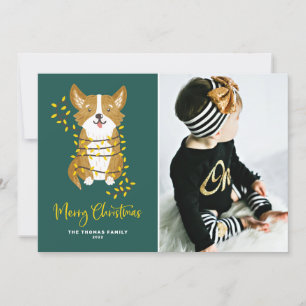 Cartes Pour Fêtes Annuelles Corgi mignon aux lumières à cordes Joyeux Noël Pho