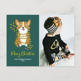 Cartes Pour Fêtes Annuelles Corgi mignon aux lumières à cordes Joyeux Noël Pho