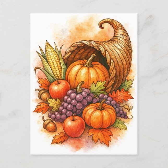 Cartes Pour Fêtes Annuelles Cornucopia Happy Thanksgiving Watercolor Postcard (Devant)
