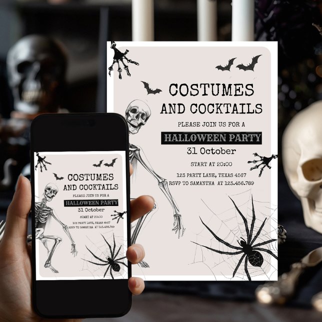 Cartes Pour Fêtes Annuelles Costumes et cocktails Fête d'horreur avec squelett (Créateur téléchargé)