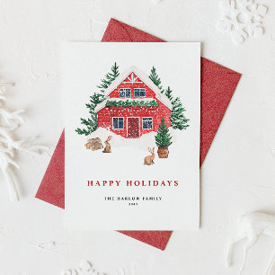 Cartes Pour Fêtes Annuelles Cosy Aquarelle Rouge Gîte Rustique
