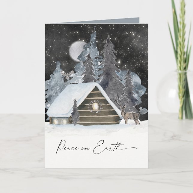 Cartes Pour Fêtes Annuelles Cosy Cabine Wintry Aquarelle Vacances Scène (Devant)