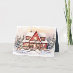 Cartes Pour Fêtes Annuelles Cottage de Noël et cerfs dans les flocons de neige
