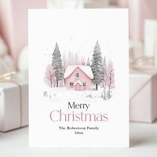 Cartes Pour Fêtes Annuelles Cottage d'hiver rose Noël