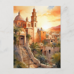 Cartes Pour Fêtes Annuelles Coucher de soleil doré sur un village colonial mex