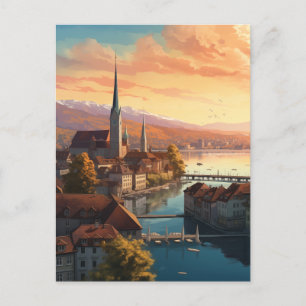 Cartes Pour Fêtes Annuelles Coucher de soleil doré sur Zurich