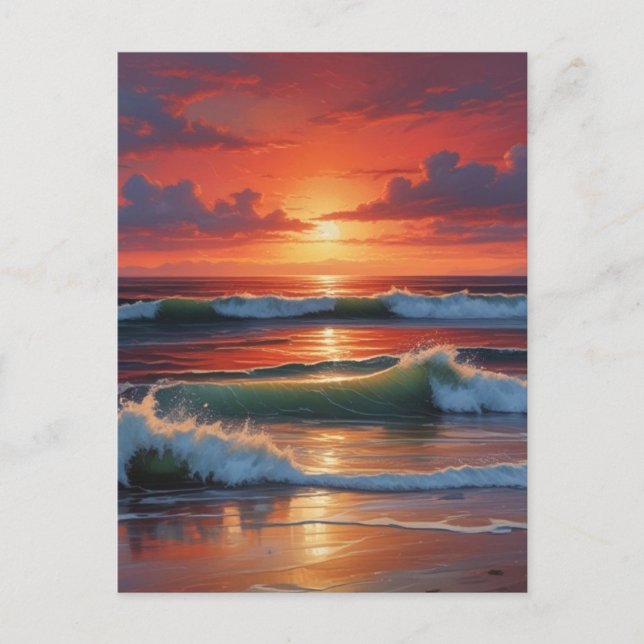 Cartes Pour Fêtes Annuelles Coucher Rouge Océan Peinture de paysage marin (Devant)
