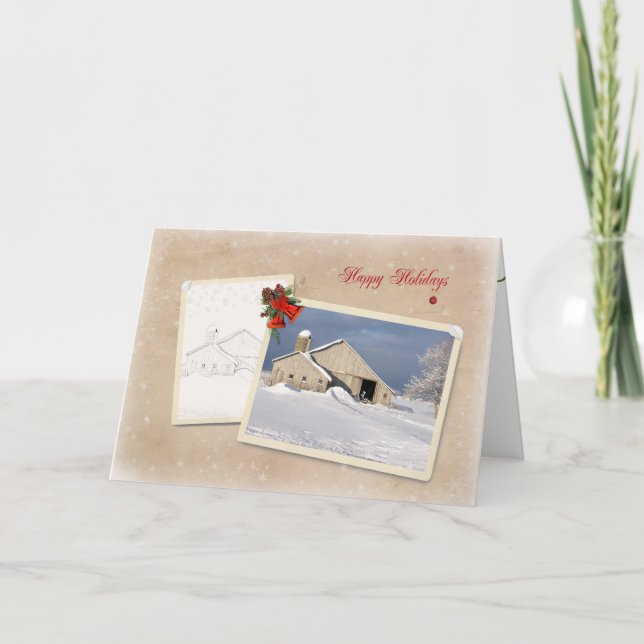 Cartes Pour Fêtes Annuelles Country Grange Joyeuses Fêtes (Devant)