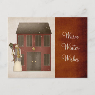 Cartes Pour Fêtes Annuelles Country Prim Snowman & Saltbox House Design