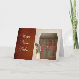 Cartes Pour Fêtes Annuelles Country Prim Snowman & Saltbox House Design